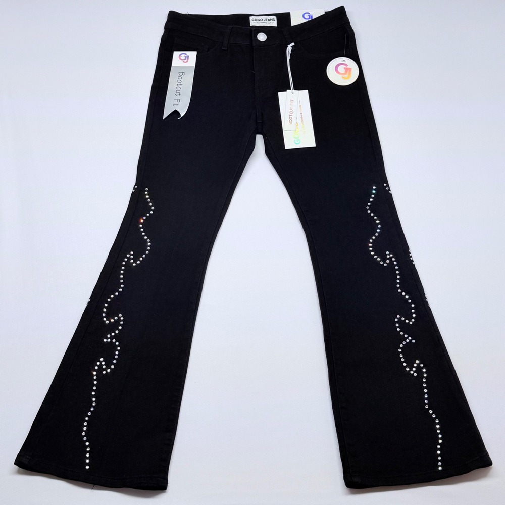 GOGO Black Boot-Cut Jeans with Rhinestone Wave Accents
